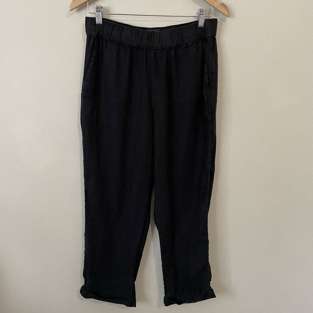Rachel Roy 100% Linen Cropped Pants Womens M Black Coastal Beach Minimalist